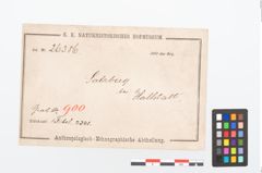 Etikett zu Bronzehalbmondgehängefibel (NHMW-PRAE-026386)
